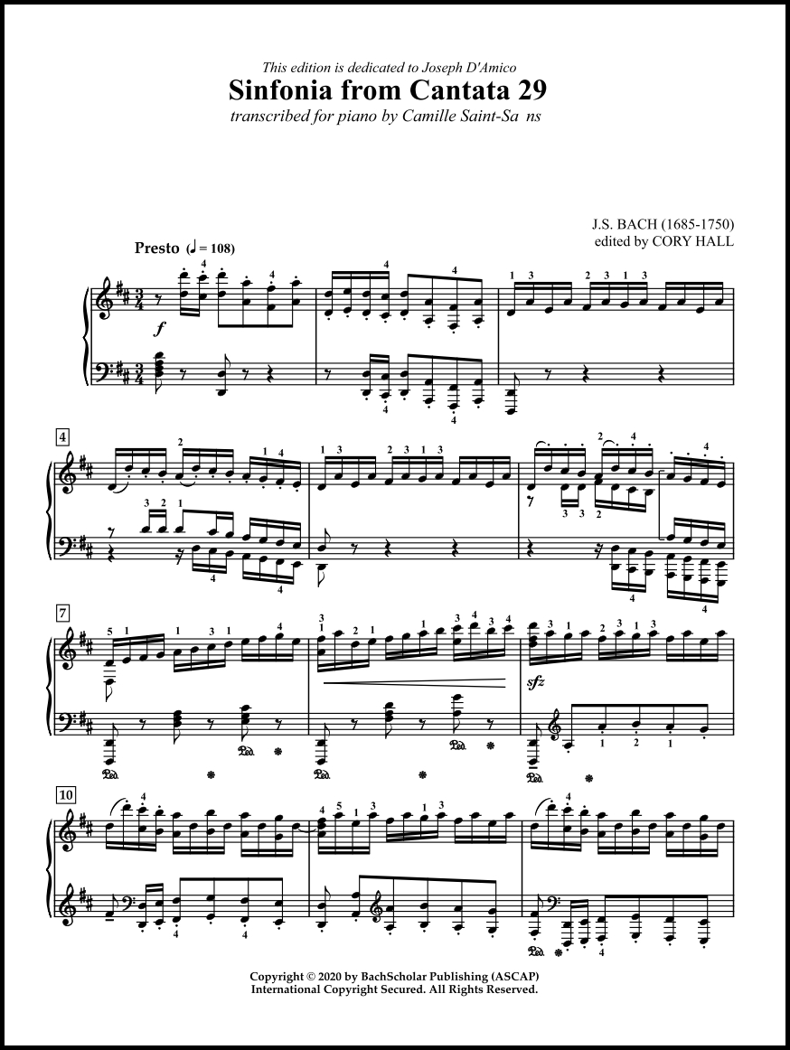 Sinfonia from Cantata 29 trans. Saint-Saëns (BachScholar Edition Vol. 78) for Keyboard