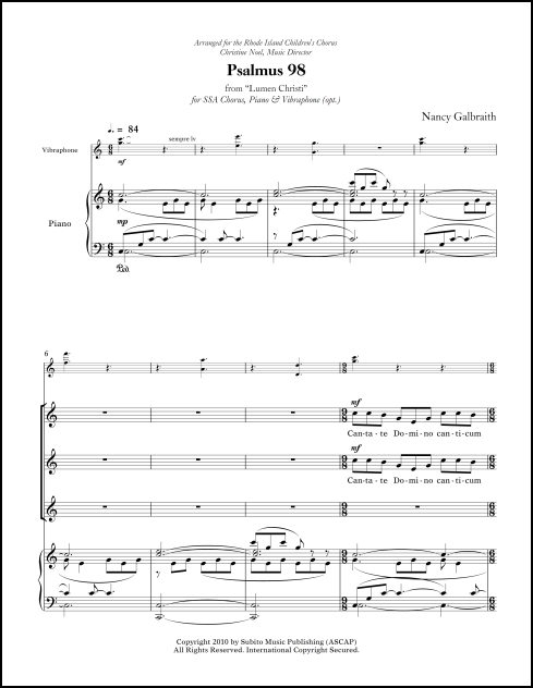 Psalmus 98 (from Lumen Christi ) for SSAA chorus, piano, vibraphone