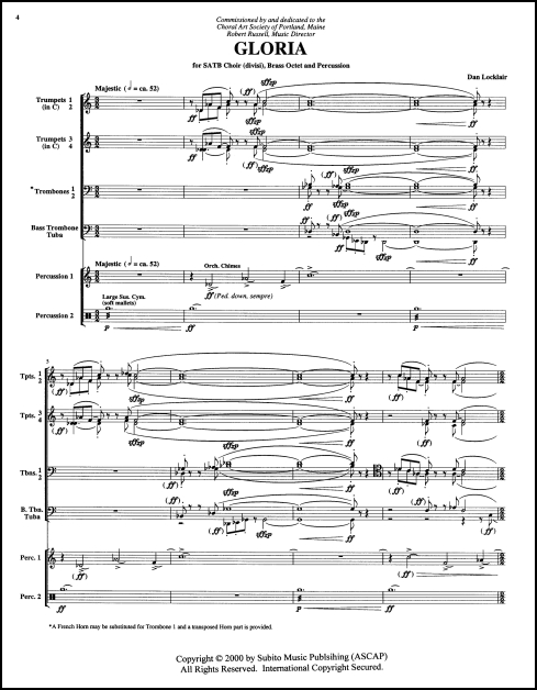 Gloria for SATB chorus (divisi), brass octet & percussion