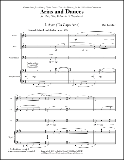 Arias and Dances for flute, oboe, cello & harpsichord