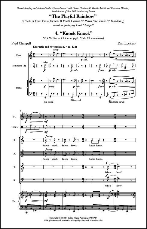 Knock Knock (from The Playful Rainbow) for SSA Chorus & Piano (opt. Flute & Tom-toms)