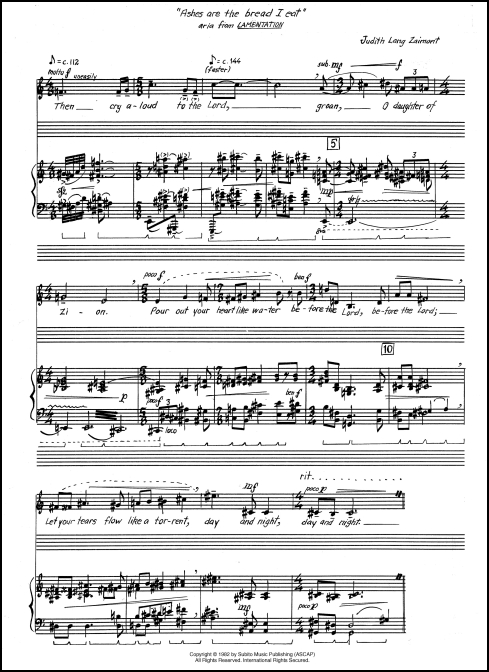 Aria: Ashes are the bread I eat (from Lamentation ) for mezzo-soprano & piano