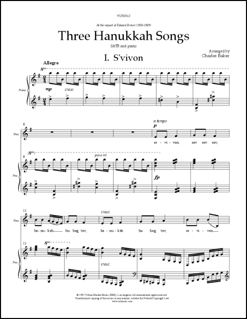 Hanukkah Songs, Three for SATB & piano