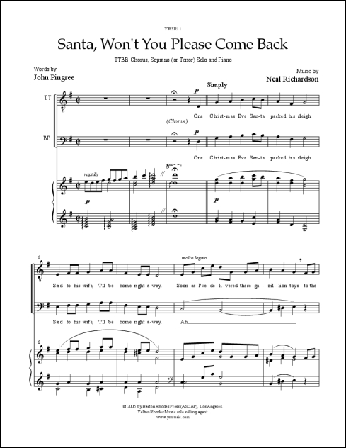 Santa, Won't You Please Come Back for TTBB, Soprano (or Tenor) Solo, & Piano - Click Image to Close