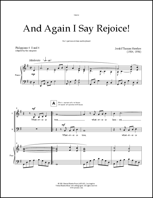 And Again I Say Rejoice! for 2-part mixed chorus & keyboard
