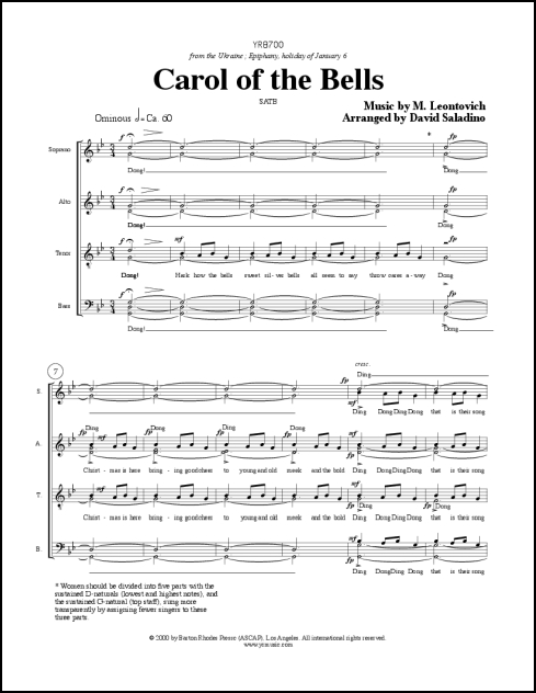 Carol of the Bells for SATB a cappella