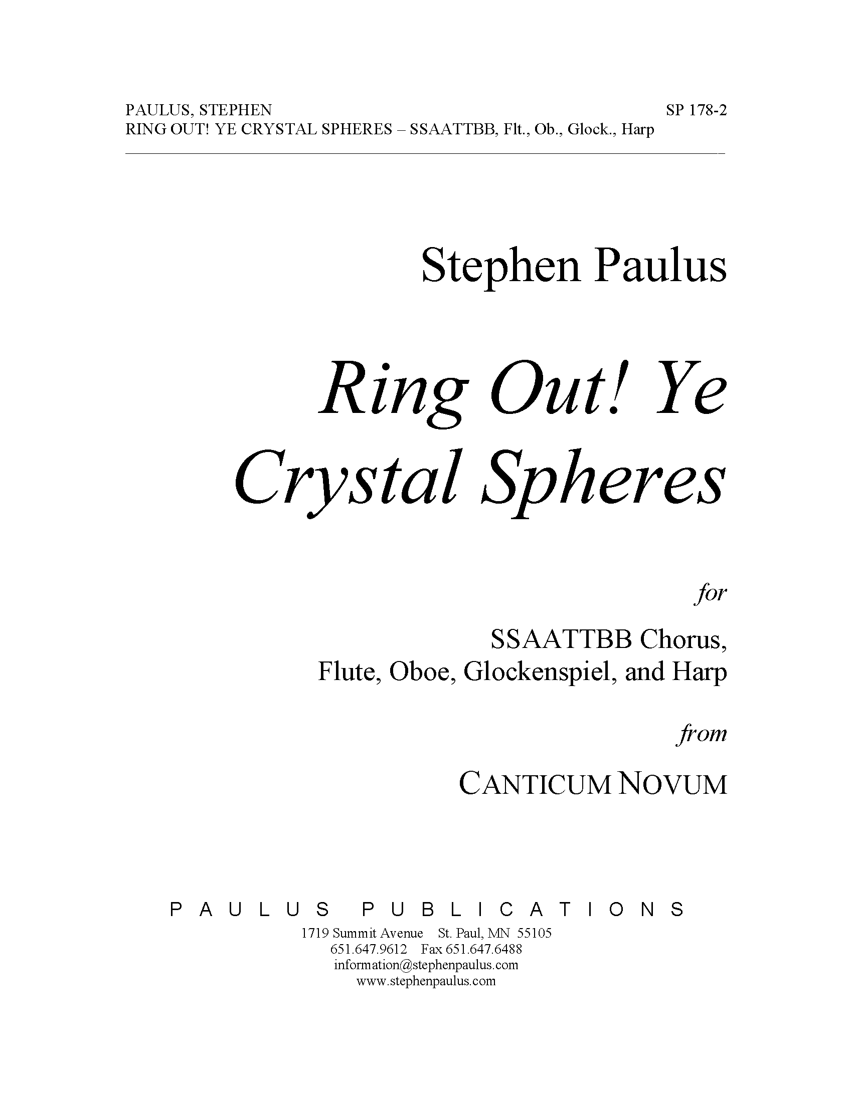 Ring Out! Ye Crystal Spheres (from Canticum Novum) for SSAATTBB Chorus, Flute, Oboe, Glockenspiel & Harp