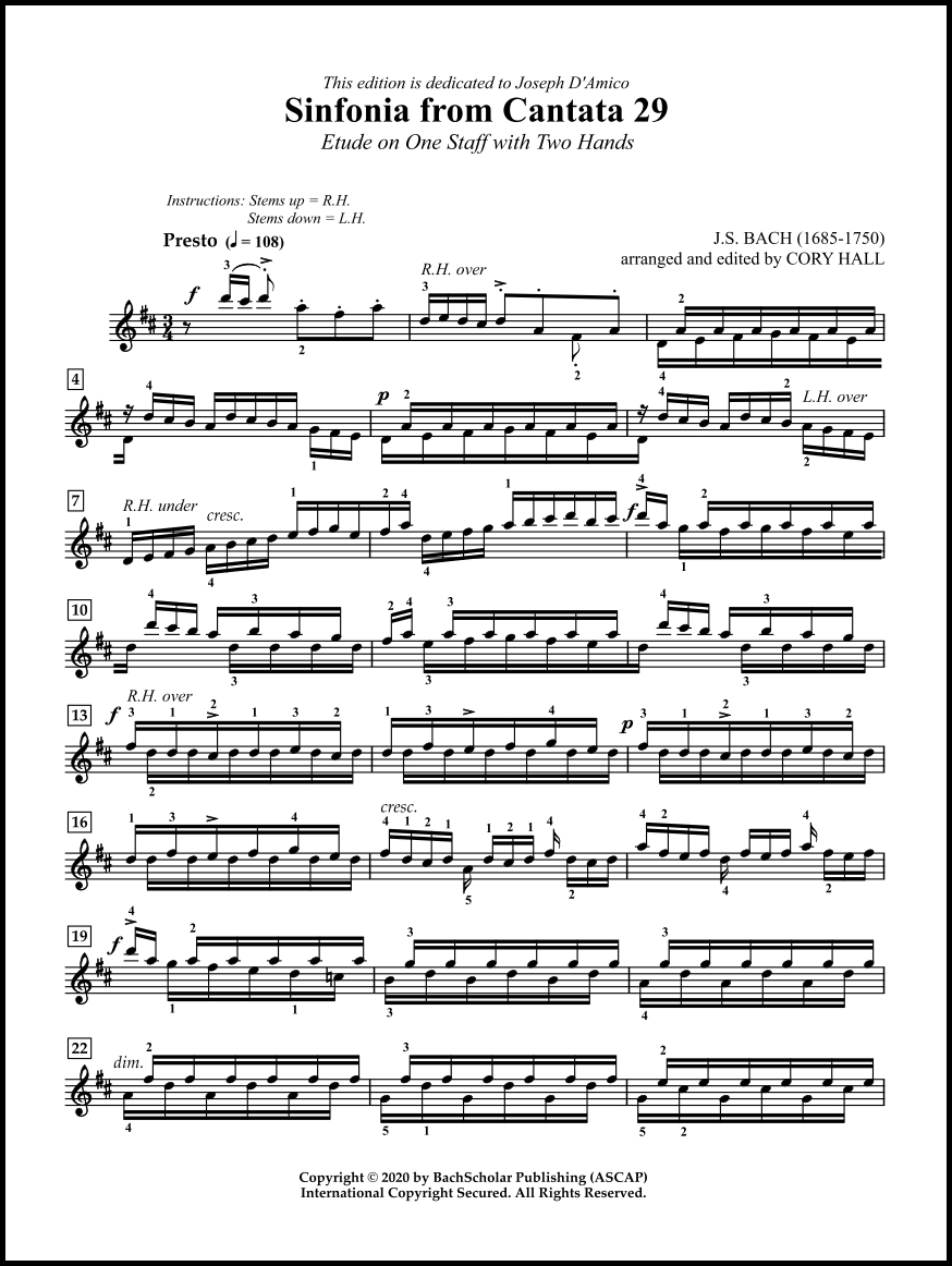 Sinfonia from Cantata 29: Etude on One Staff with Two Hands (BachScholar Vol. 80) for Keyboard - Click Image to Close