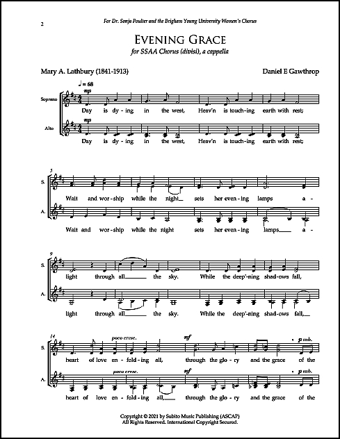 Evening Grace for SSAA Chorus (divisi), a cappella - Click Image to Close