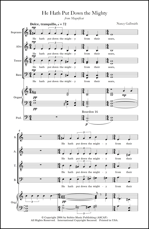 He Hath Put Down the Mighty (from Magnificat ) for SATB chorus (divisi) & organ (or strings & organ) - Click Image to Close