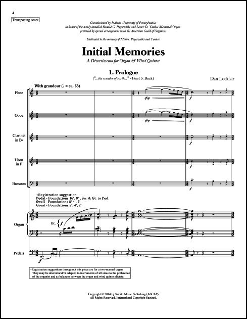 Initial Memories for Wind Quintet & Organ - Click Image to Close