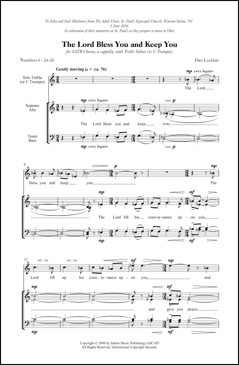 The Lord Bless You and Keep You for SATB chorus, a cappella, with treble soloist (or C trumpet) - Click Image to Close