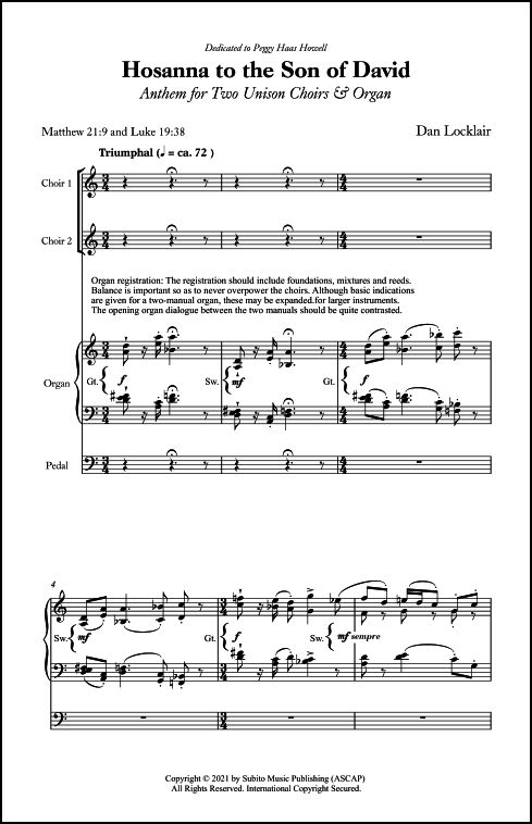 Hosanna to the Son of David for Anthem for Two Unison Choirs & Organ - Click Image to Close