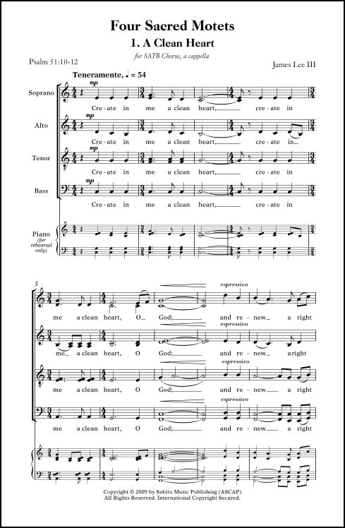 Four Sacred Motets: 1. A Clean Heart for SATB chorus, a cappella - Click Image to Close