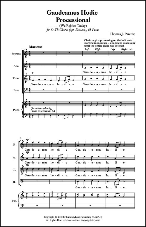 Gaudeamus Hodie Processional for SATB Chorus & Piano