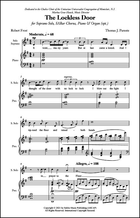 Lockless Door, The for for Soprano Solo, SABar Chorus, Piano & Organ (opt.)