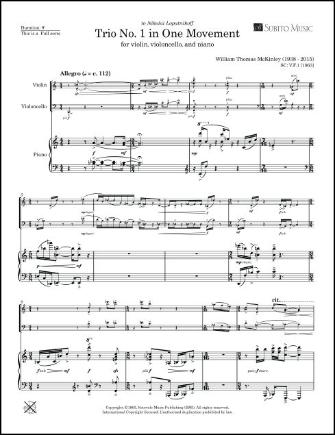 Piano Trio No. 1 (in One Movement) for Violin, Violoncello & Piano - Click Image to Close