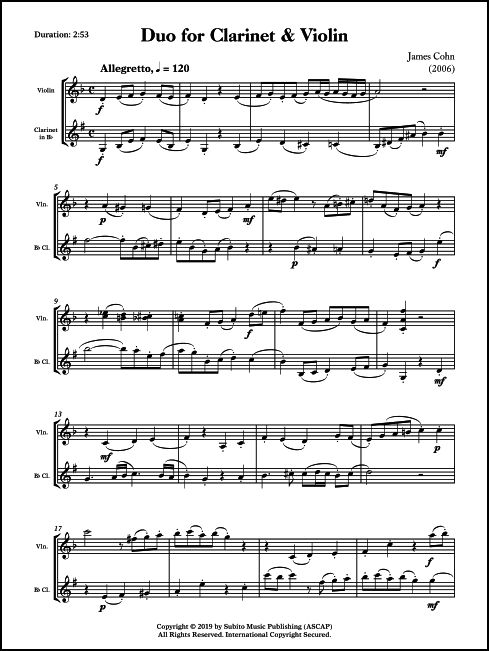 Duo for Clarinet & Violin for Clarinet & Violin - Click Image to Close