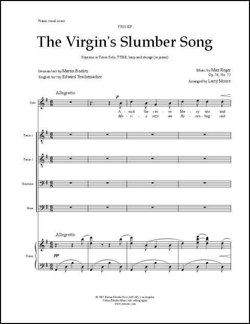 Virgin's Slumber Song, The for Soprano or Tenor Solo, TTBB, harp & string quintet (or piano) - Click Image to Close