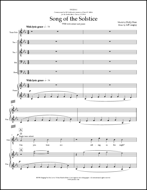 Song of the Solstice for TTBB, tenor solo, & piano; Optional parts: harp, piano/celeste, & vibraphone