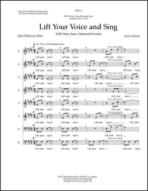 Lift Your Voice and Sing for SSAATTBB, piano (3 hands) & percussion