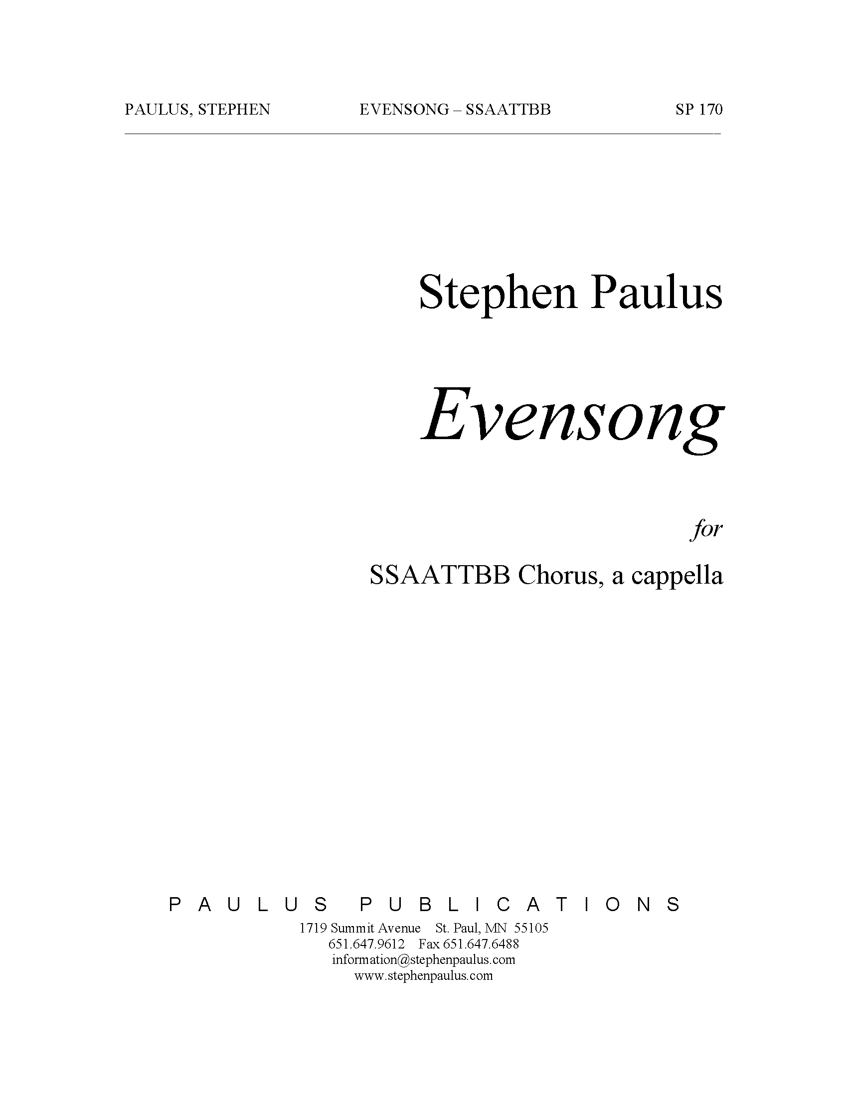 Evensong for SSAATTBB Chorus, a cappella
