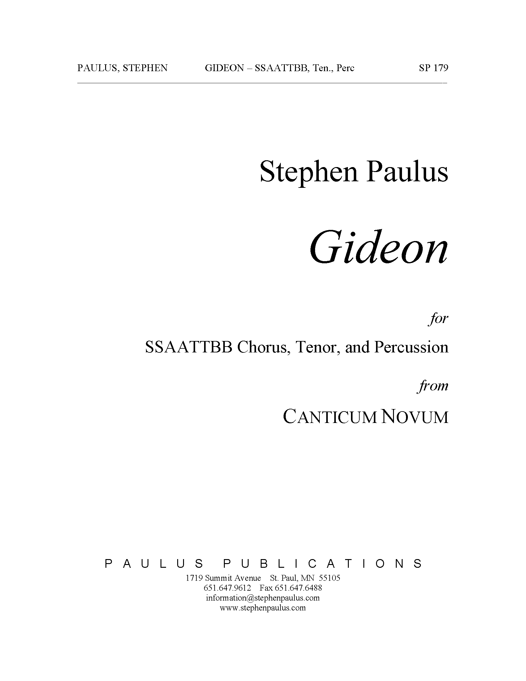 Gideon (from Canticum Novum) for SSAATTBB Chorus, Tenor & Percussion
