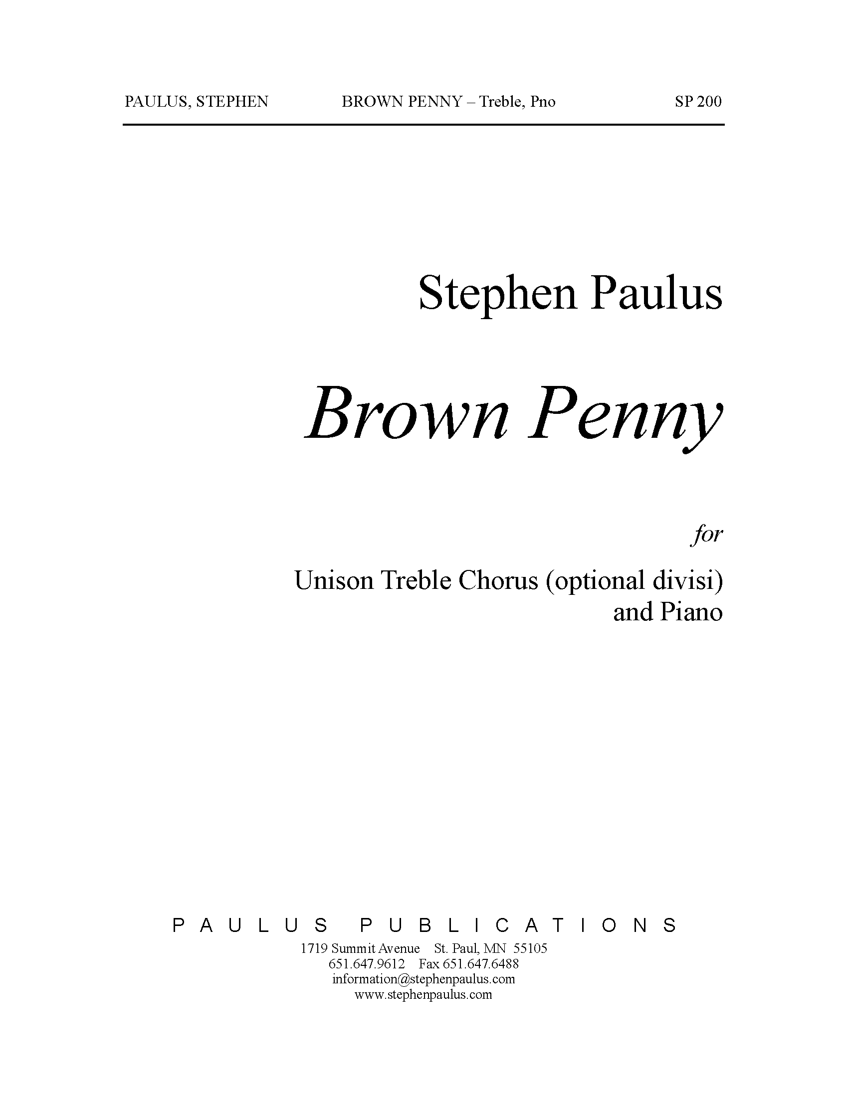 Brown Penny for Unison Treble Chorus