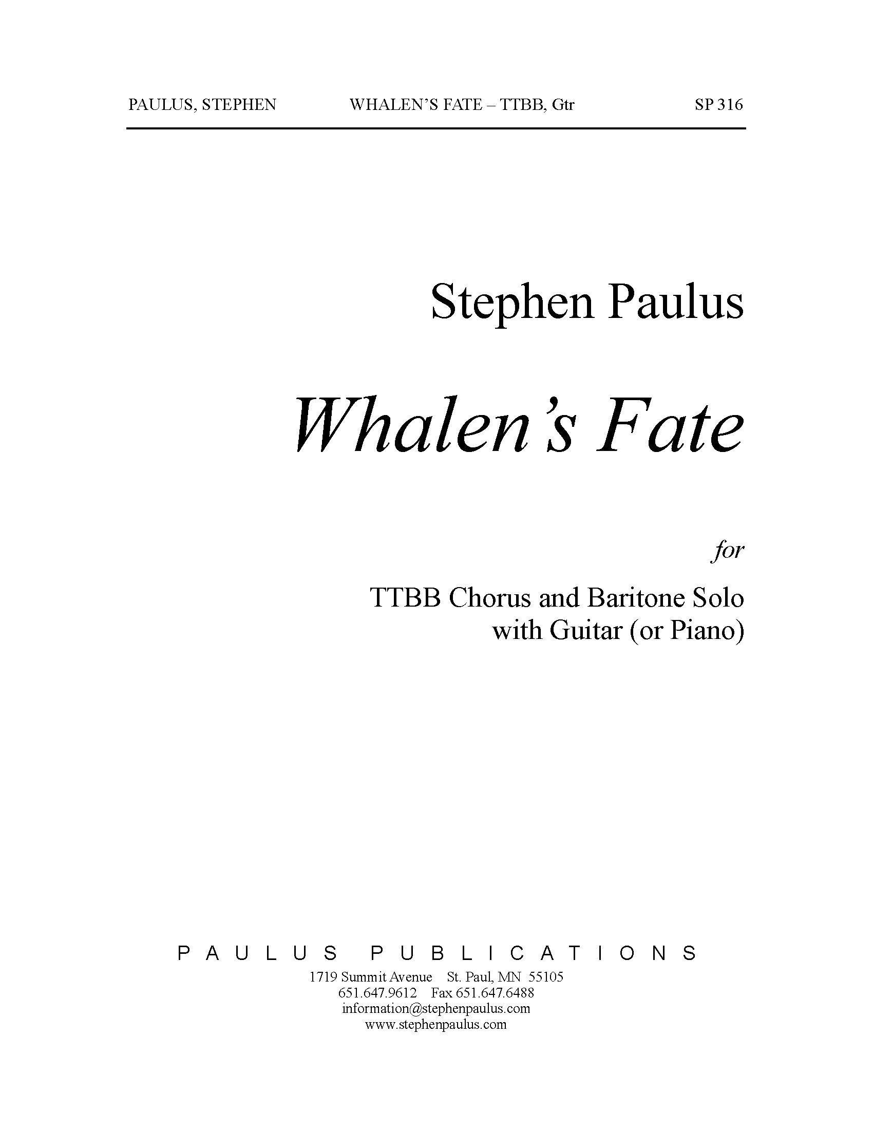 Whalen's Fate for Bar. solo, TTBB Chorus & Guitar (or Piano)