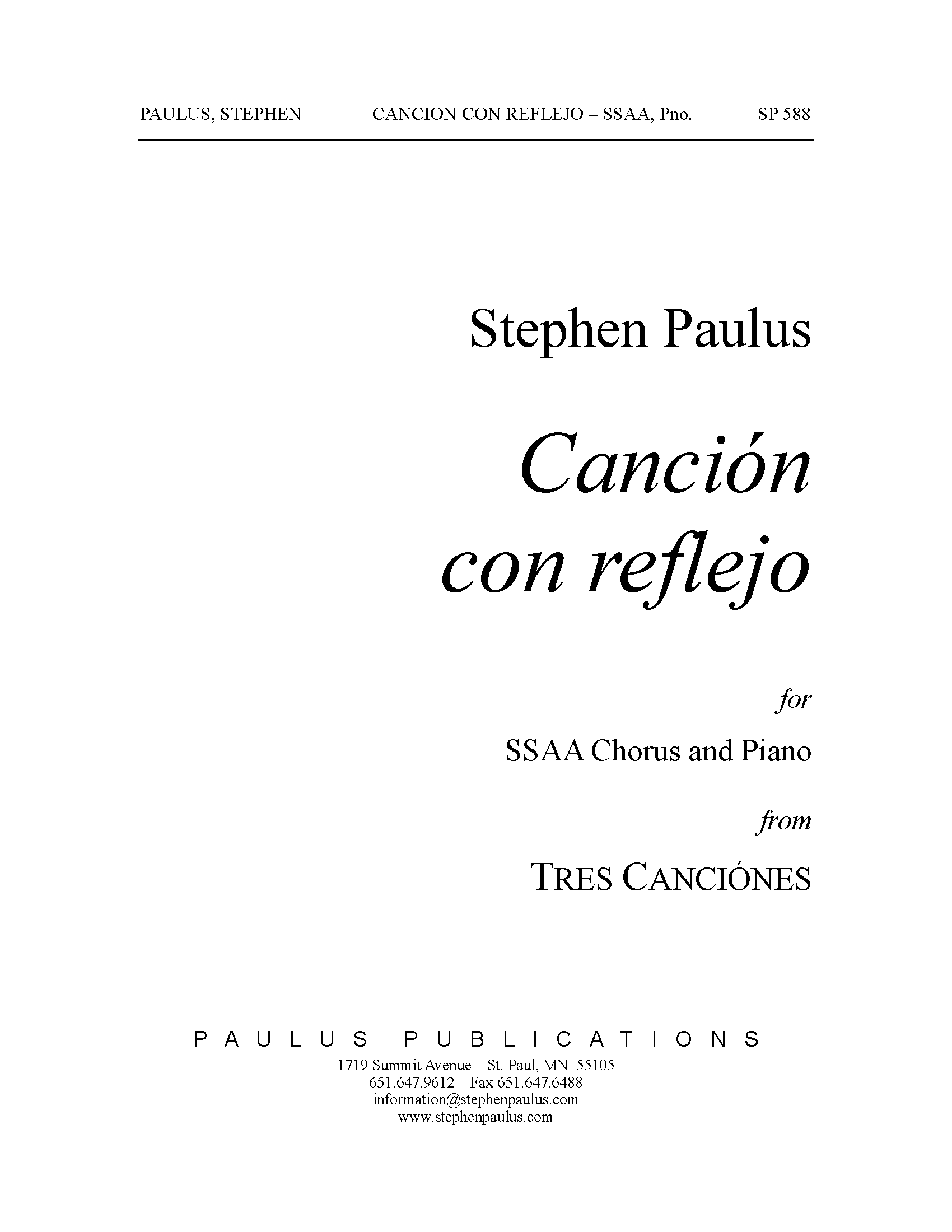 Canción con reflejo (from Tres Canciones) for SSAA Chorus & Piano